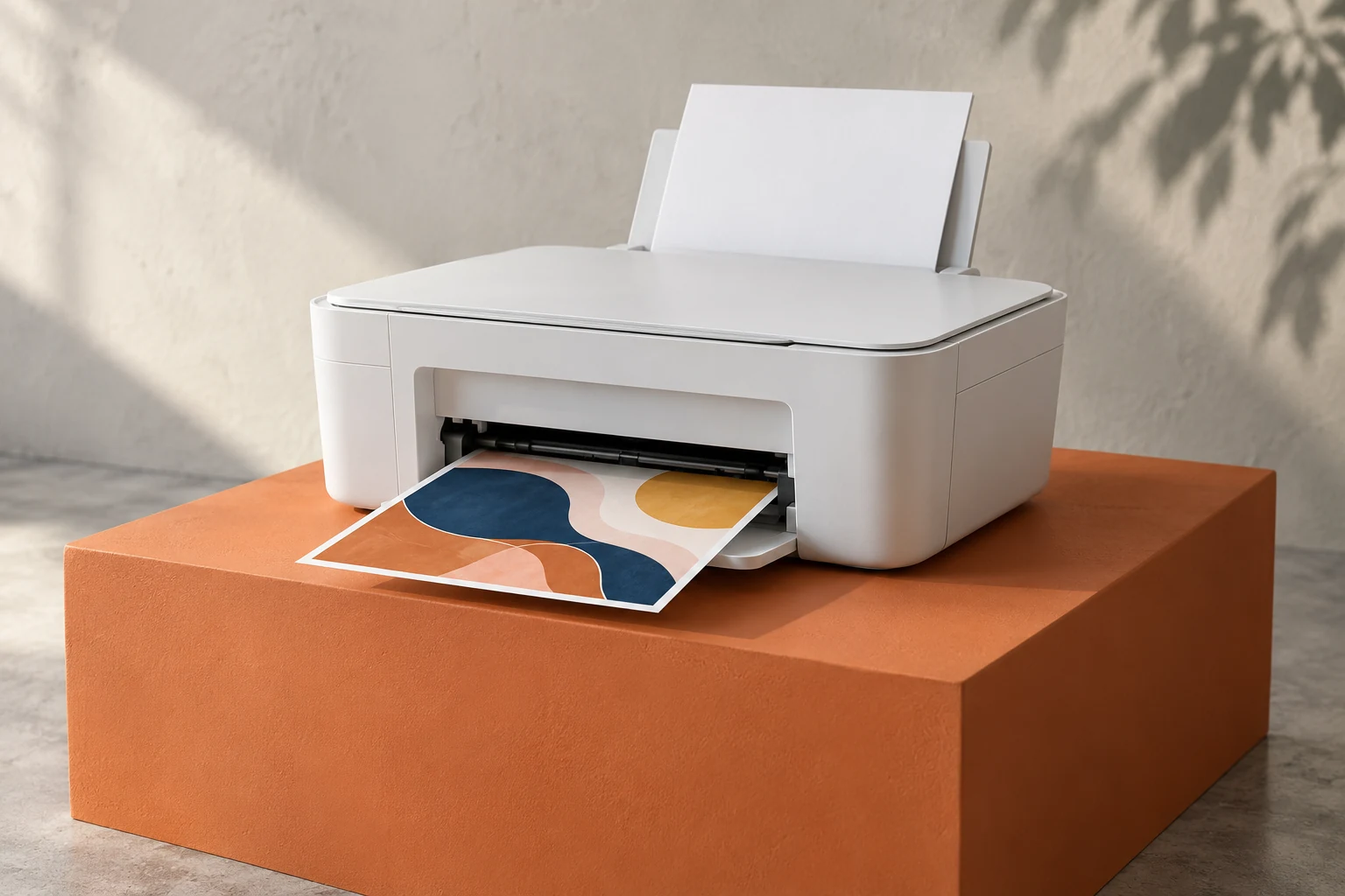 A white printer producing a vibrant art print on a terracotta display block